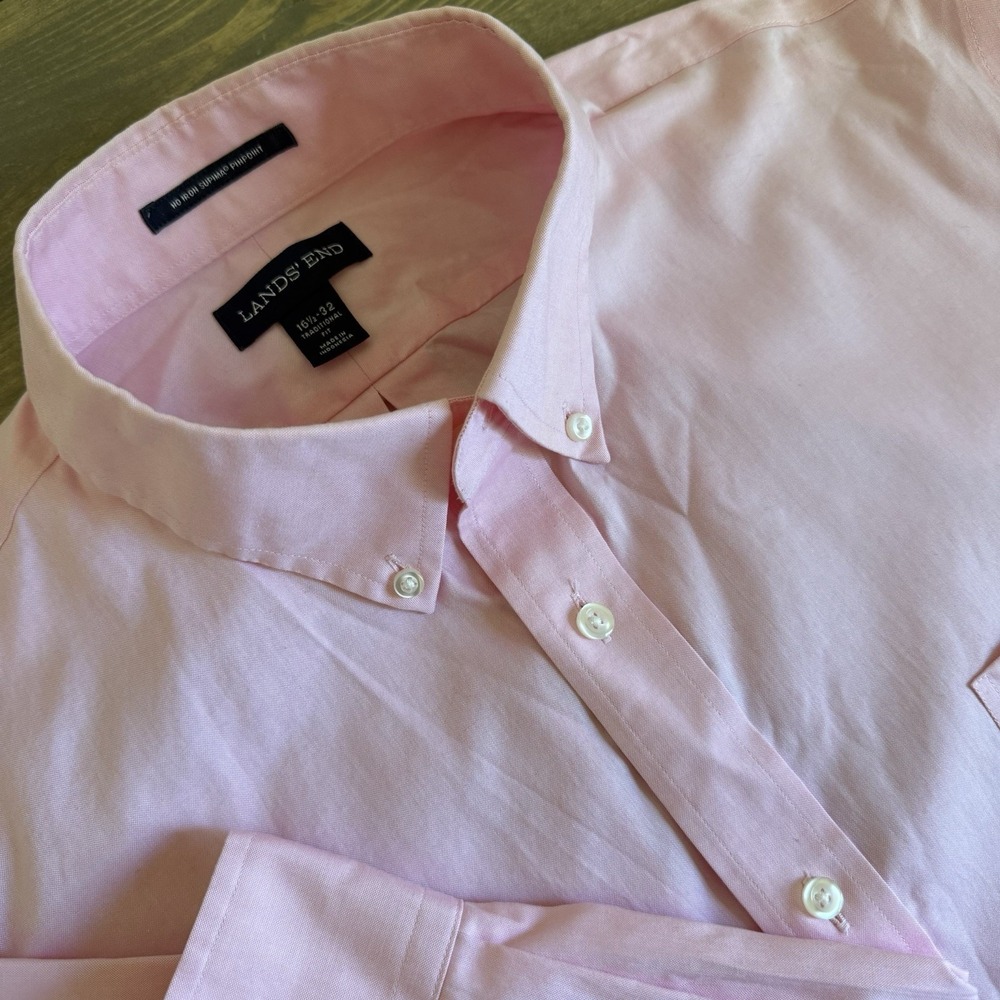 Lands End Men's 16.5-32 Pink  Supima Pinpoint Long Sleeve Button Down Shirt